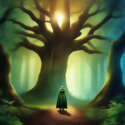 Create a captivating book cover featuring an enchanted forest with tall, ancient trees, a mystical glow, and a hidden path