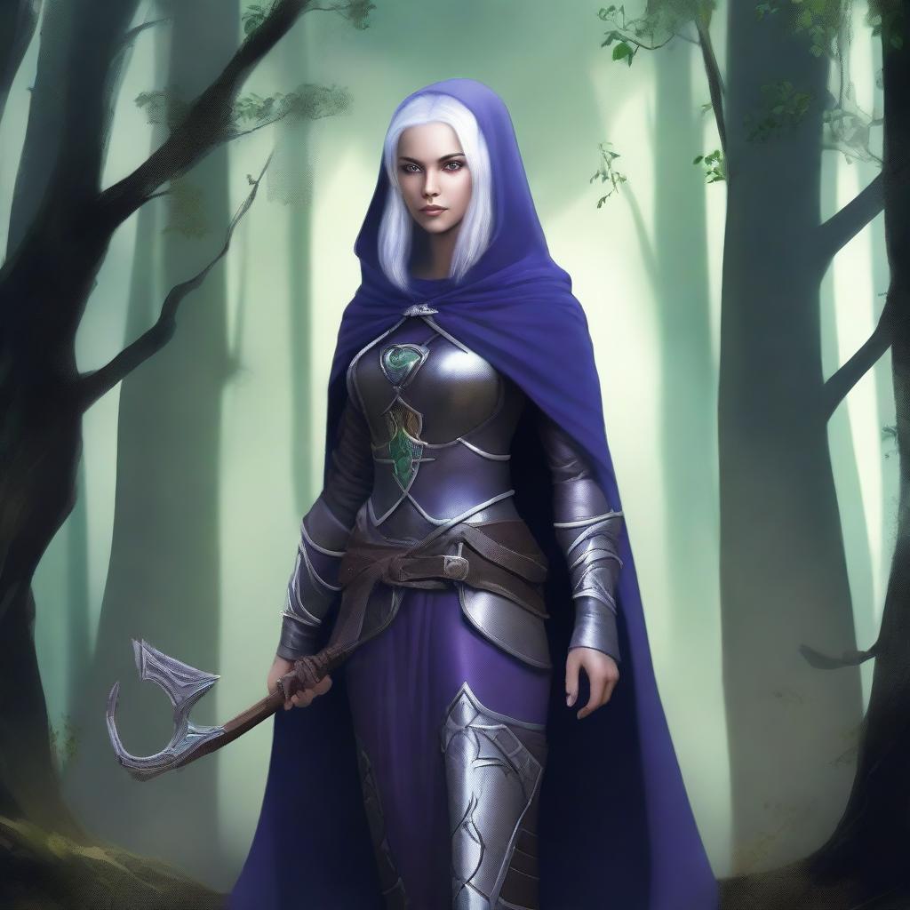 A female elven ranger with dark purple skin, grey eyes, and silver hair streaked with dark blue