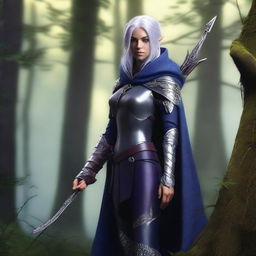 A female elven ranger with dark purple skin, grey eyes, and silver hair streaked with dark blue