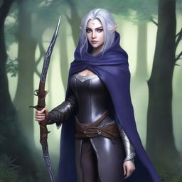 A female elven ranger with dark purple skin, grey eyes, and silver hair streaked with dark blue