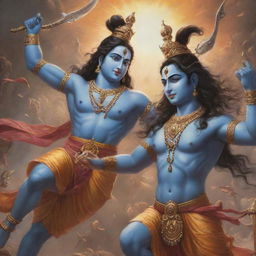 Epic scene of the Hindu gods Lord Krishna and Shiva in a friendly battle, both displaying their respective powerful artifacts in a heavenly realm.