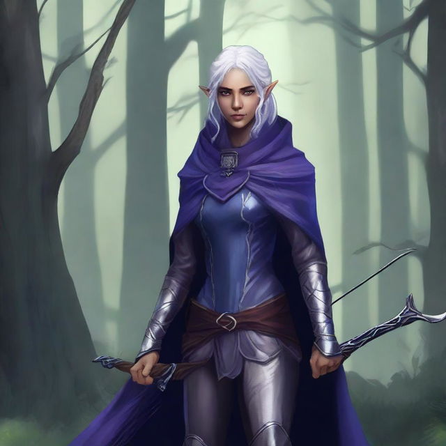 A female elven ranger with dark purple skin, grey eyes, and silver hair streaked with dark blue