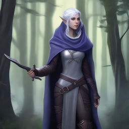 A female elven ranger with dark purple skin, grey eyes, and silver hair streaked with dark blue