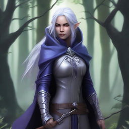 A female elven ranger with dark purple skin, grey eyes, and silver hair streaked with dark blue