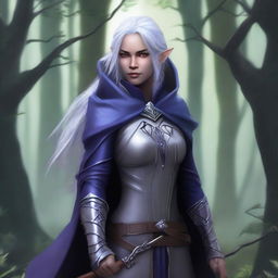 A female elven ranger with dark purple skin, grey eyes, and silver hair streaked with dark blue