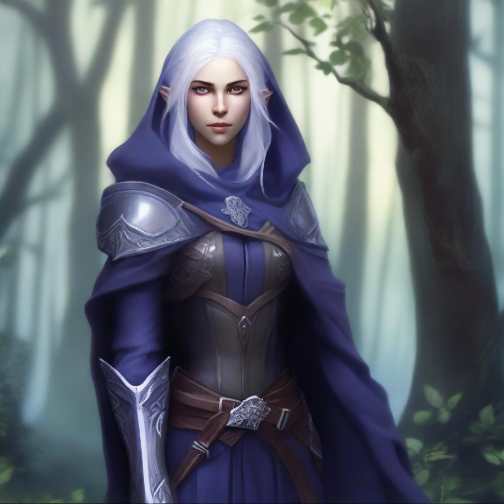 A female elven ranger with dark purple skin, grey eyes, and silver hair streaked with dark blue