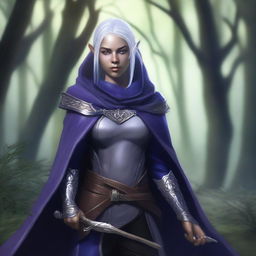 A female elven ranger with dark purple skin, grey eyes, and silver hair streaked with dark blue