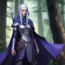 A female elven ranger with purple skin, grey eyes, and silver hair streaked with dark blue