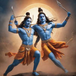 Epic scene of the Hindu gods Lord Krishna and Shiva in a friendly battle, both displaying their respective powerful artifacts in a heavenly realm.