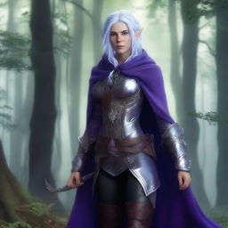 A female elven ranger with purple skin, grey eyes, and silver hair streaked with dark blue