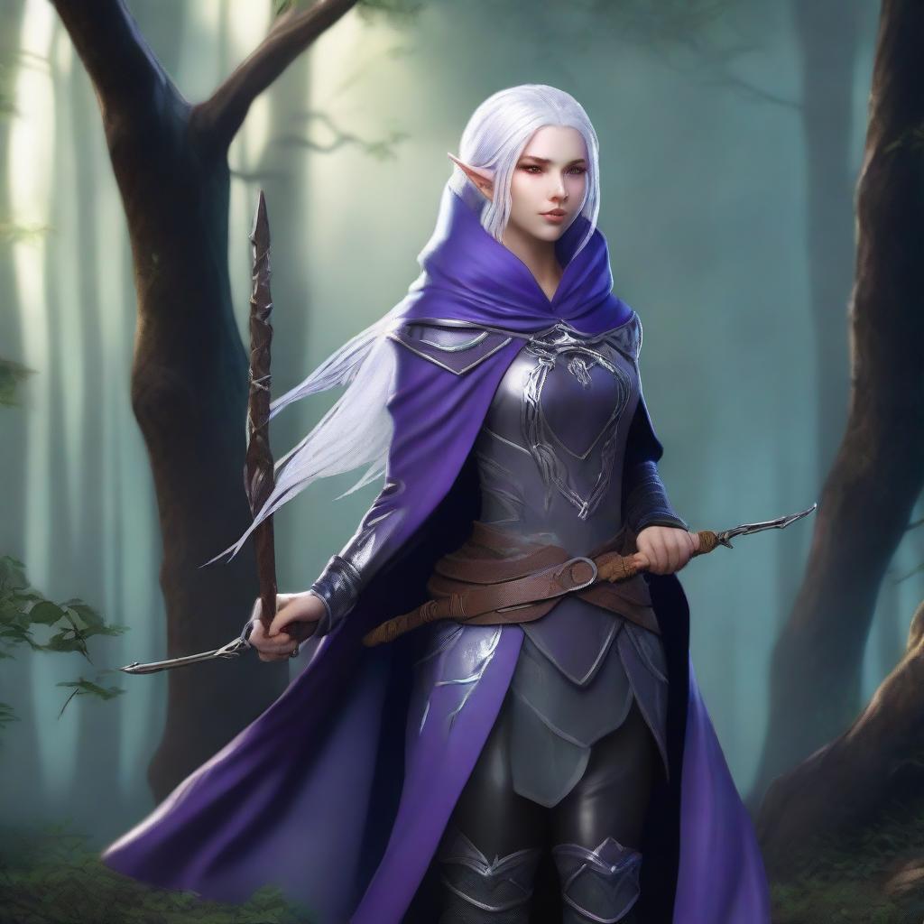 A female elven ranger with purple skin, grey eyes, and silver hair streaked with dark blue