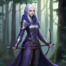 A female elven ranger with purple skin, grey eyes, and silver hair streaked with dark blue