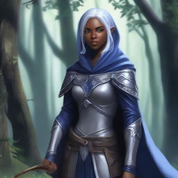 A female elven ranger with dark skin, grey eyes, and silver hair streaked with dark blue