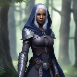 A female elven ranger with dark skin, grey eyes, and silver hair streaked with dark blue