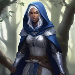 A female elven ranger with dark skin, grey eyes, and silver hair streaked with dark blue