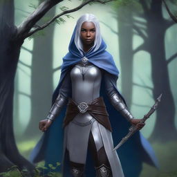 A female elven ranger with dark skin, grey eyes, and silver hair streaked with dark blue