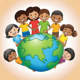 An image to commemorate World Day Against Child Labour, showing diverse children holding hands, with a background of a globe symbolizing unity and support