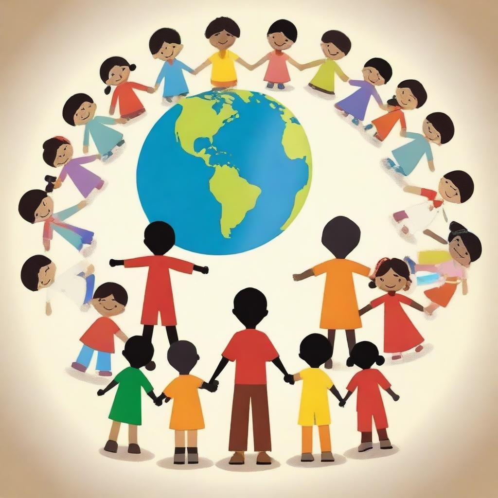 An image to commemorate World Day Against Child Labour, showing diverse children holding hands, with a background of a globe symbolizing unity and support