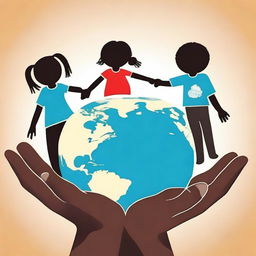 An image to commemorate World Day Against Child Labour, showing diverse children holding hands, with a background of a globe symbolizing unity and support