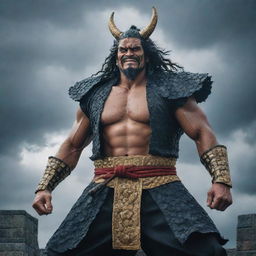 A real life interpretation of Kaido from One Piece. A powerful, broad-shouldered man with dragon-like features, dressed in traditional samurai armor, looking daunting on top of a castle under a stormy sky.