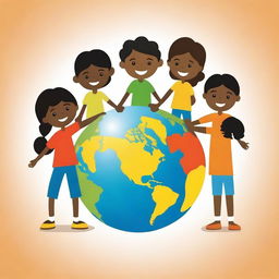 An image to commemorate World Day Against Child Labour, showing diverse children holding hands, with a background of a globe symbolizing unity and support