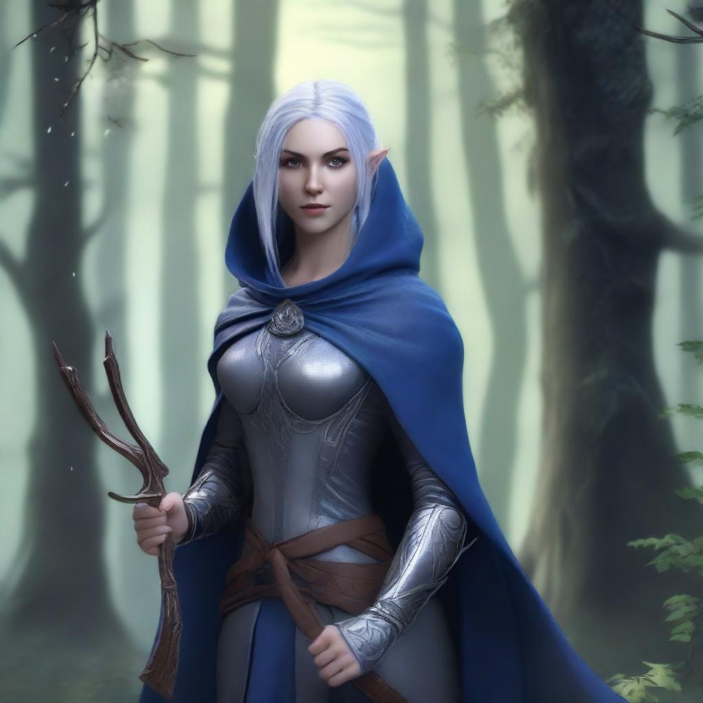 A female elven ranger with dark blue skin, grey eyes, and silver hair streaked with dark blue