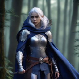 A female elven ranger with dark blue skin, grey eyes, and silver hair streaked with dark blue