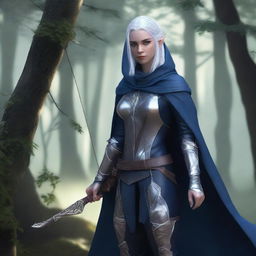 A female elven ranger with dark blue skin, grey eyes, and silver hair streaked with dark blue