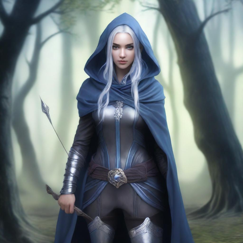 A female elven ranger with dark blue skin, grey eyes, and silver hair streaked with dark blue