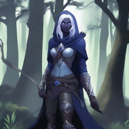 A female drow ranger with dark blue skin, grey eyes, and silver hair streaked with dark blue