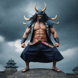 A real life interpretation of Kaido from One Piece. A powerful, broad-shouldered man with dragon-like features, dressed in traditional samurai armor, looking daunting on top of a castle under a stormy sky.