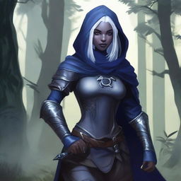 A female drow ranger with dark blue skin, grey eyes, and silver hair streaked with dark blue