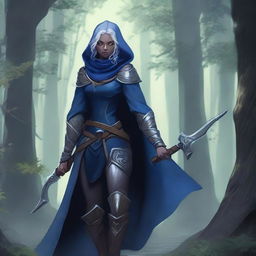 A female drow ranger with dark blue skin, grey eyes, and silver hair streaked with dark blue