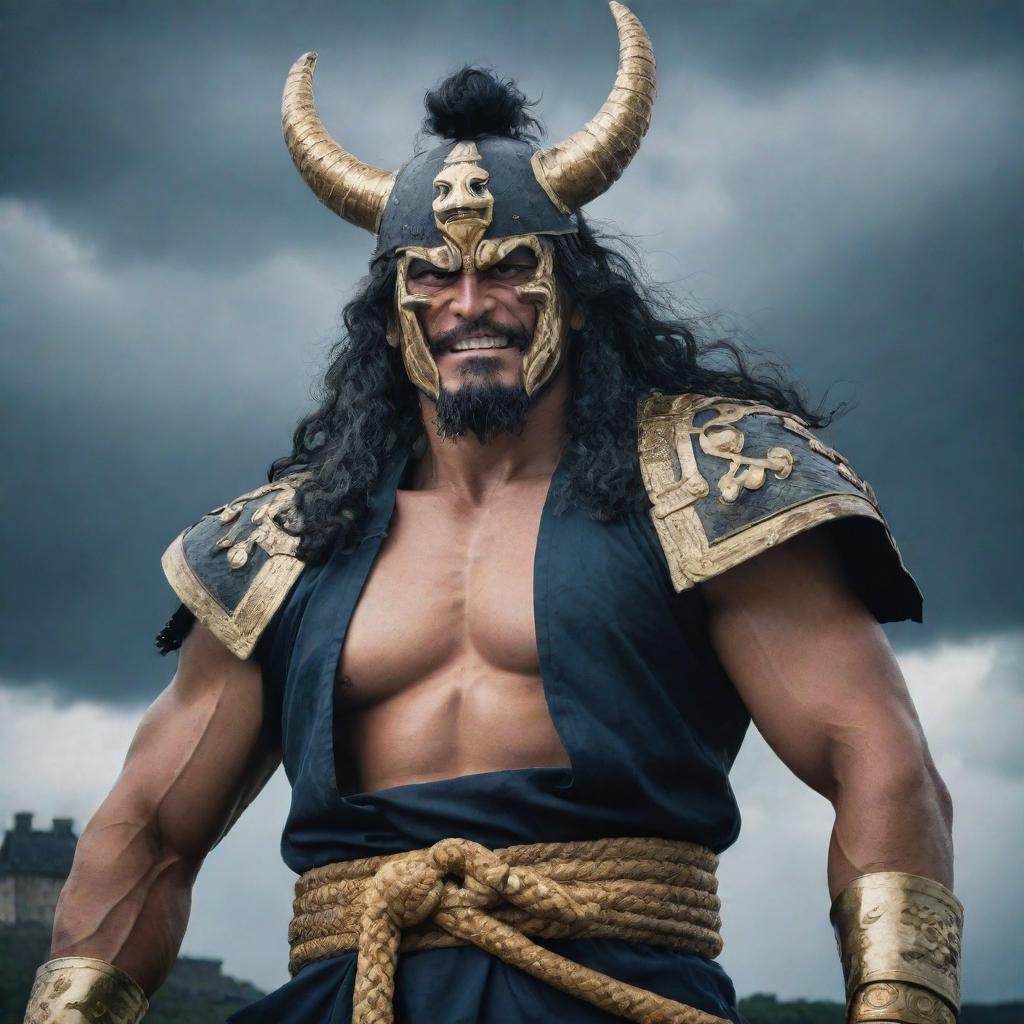 A real life interpretation of Kaido from One Piece. A powerful, broad-shouldered man with dragon-like features, dressed in traditional samurai armor, looking daunting on top of a castle under a stormy sky.