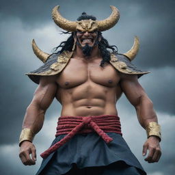 A real life interpretation of Kaido from One Piece. A powerful, broad-shouldered man with dragon-like features, dressed in traditional samurai armor, looking daunting on top of a castle under a stormy sky.