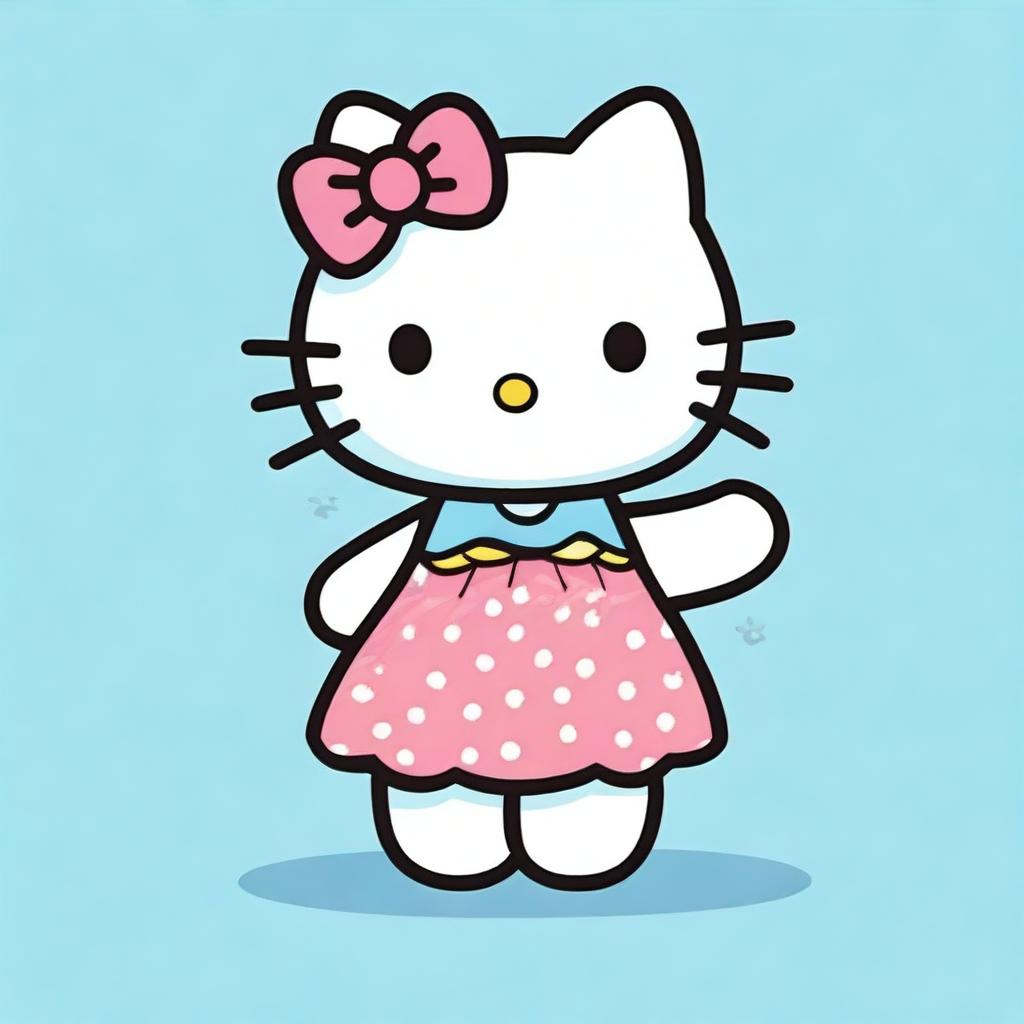 A cute and charming illustration of Hello Kitty, set against a light blue background