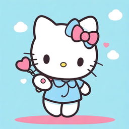 A cute and charming illustration of Hello Kitty, set against a light blue background