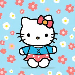 A cute and charming illustration of Hello Kitty, set against a light blue background