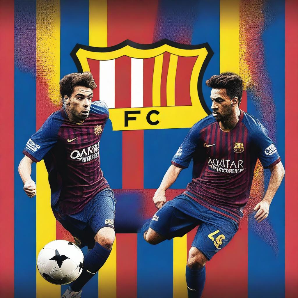 Create an image of FC Barcelona, featuring their iconic blue and red striped jersey, the team logo, and a football stadium background