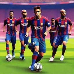 Create an image of FC Barcelona, featuring their iconic blue and red striped jersey, the team logo, and a football stadium background