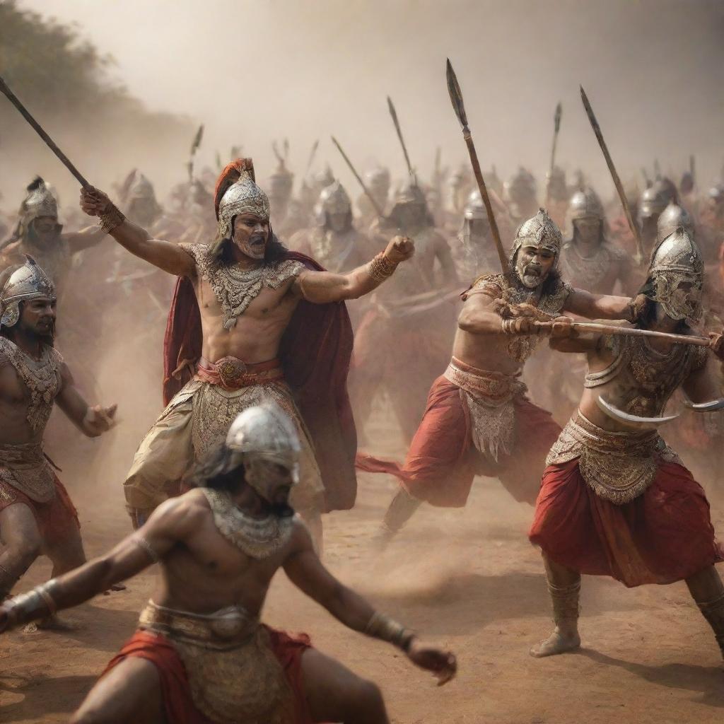 Epic battle scene from the Mahabharata, with ancient Indian warriors in full armor, engaging in intense combat using traditional weapons. The scene is dramatic and filled with energy.