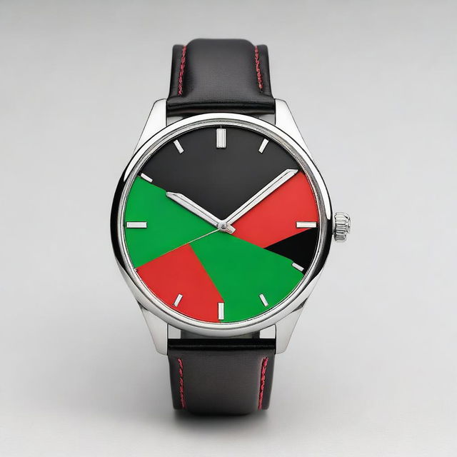 Create a detailed image of a wristwatch inspired by the Kenyan national flag