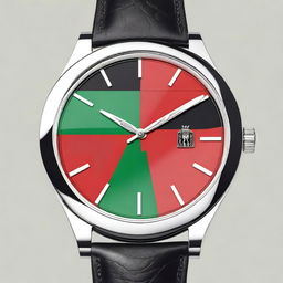 Create a detailed image of a wristwatch inspired by the Kenyan national flag