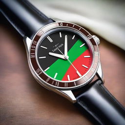 Create a detailed image of a wristwatch inspired by the Kenyan national flag