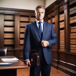 A professional lawyer standing confidently in a courtroom, wearing a sharp suit and holding a briefcase