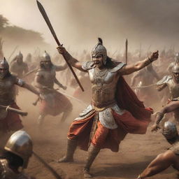 Epic battle scene from the Mahabharata, with ancient Indian warriors in full armor, engaging in intense combat using traditional weapons. The scene is dramatic and filled with energy.