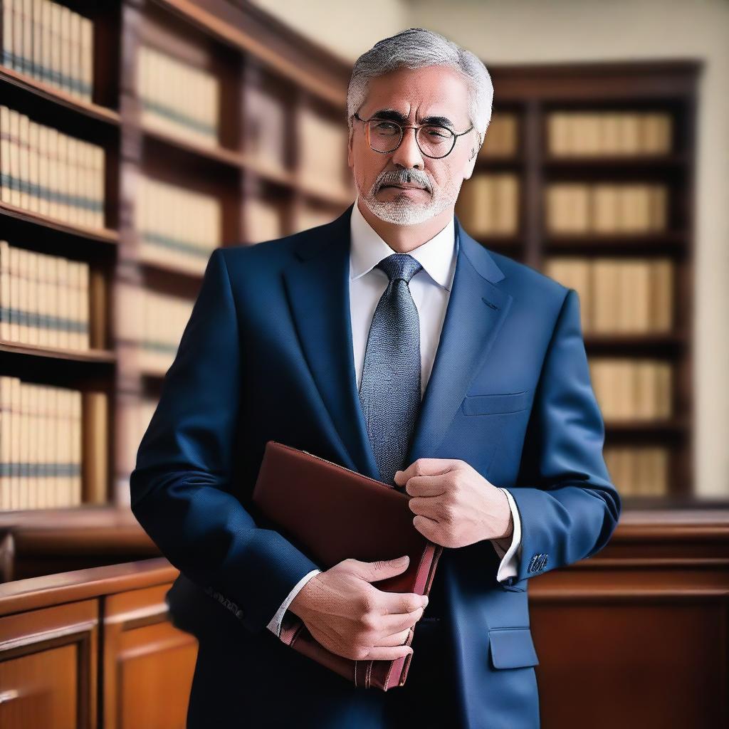 A professional lawyer standing confidently in a courtroom, wearing a sharp suit and holding a briefcase