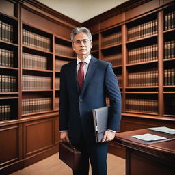 A professional lawyer standing confidently in a courtroom, wearing a sharp suit and holding a briefcase