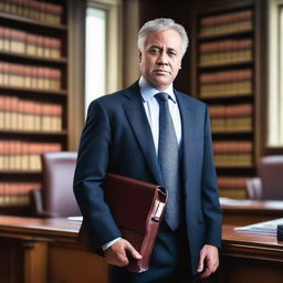 A professional lawyer standing confidently in a courtroom, wearing a sharp suit and holding a briefcase