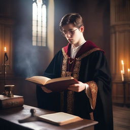 A young sorcerer lawyer casting a spell of laws in a medieval fantasy world